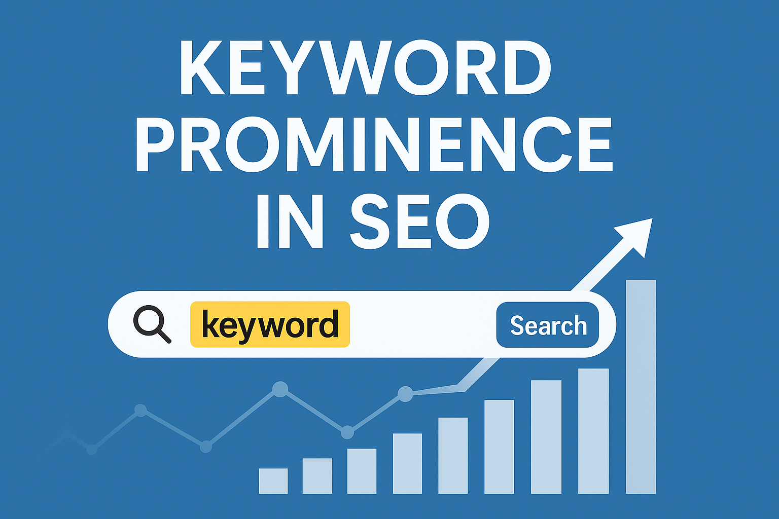 Featured image showing the phrase ‘Keyword Prominence in SEO’ with a search bar, highlighted keyword, and upward-trending SEO graph on a blue background.