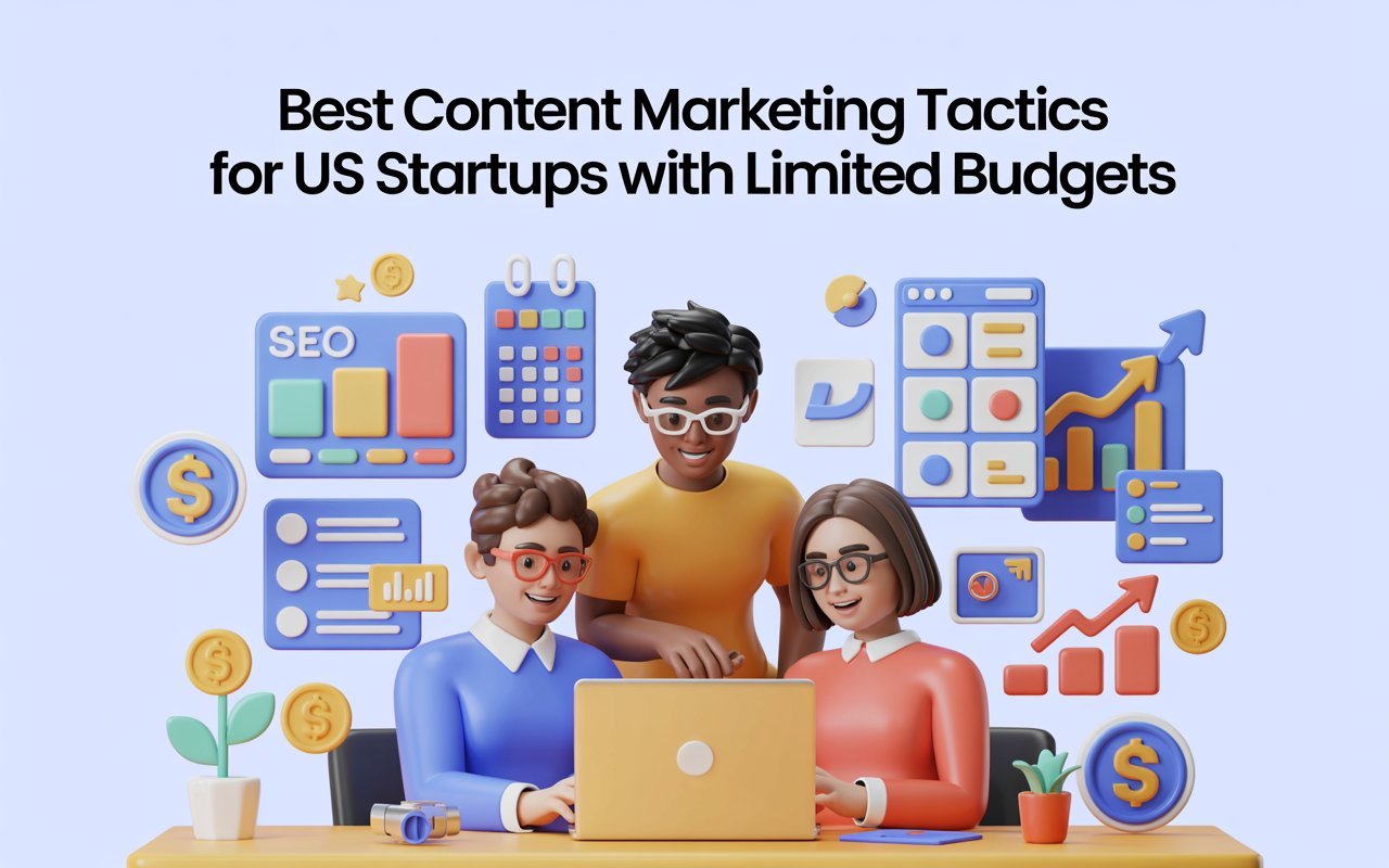 Best content marketing tactics for US startups with limited budgets featuring SEO, social media, email marketing, analytics, and organic growth strategy.