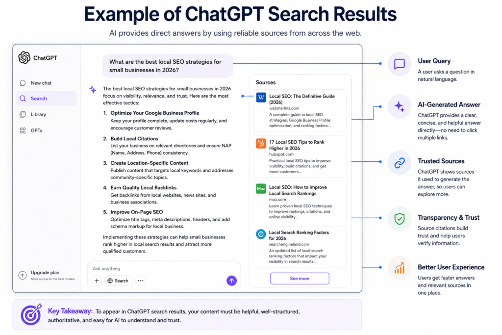 Example of a ChatGPT Search result showing an AI-generated answer about local SEO strategies for small businesses, including trusted source citations, key recommendations, user query flow, and AI-powered search experience features.