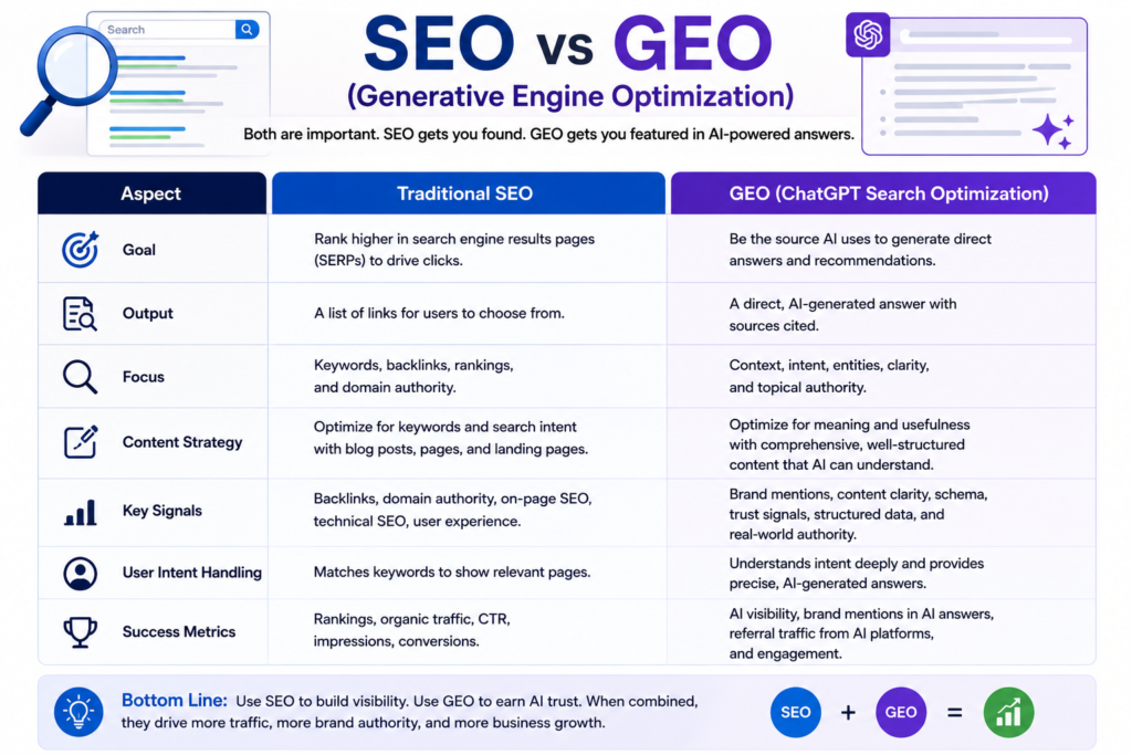 SEO vs GEO (Generative Engine Optimization) comparison chart showing the differences between traditional SEO and ChatGPT Search Optimization, including goals, outputs, content strategy, ranking signals, user intent handling, and success metrics for AI-powered search visibility.