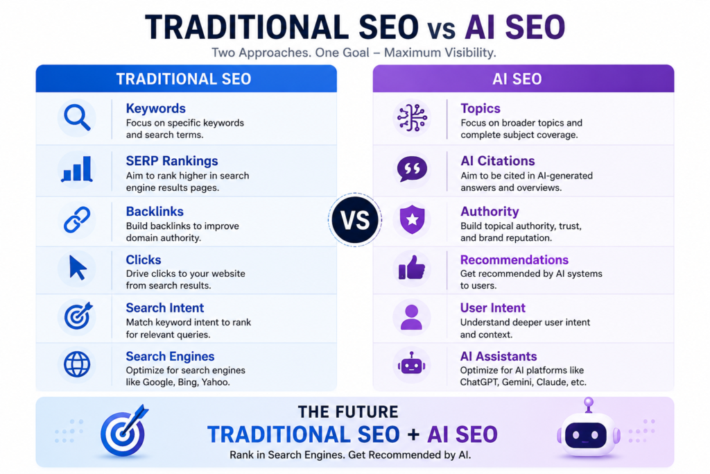 Traditional SEO vs AI SEO comparison infographic showing differences between keywords, SERP rankings, backlinks, clicks, search intent, and AI-powered search optimization.