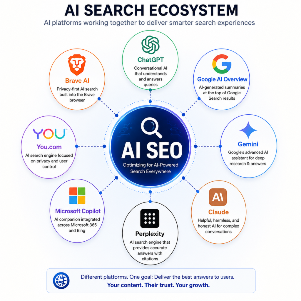 AI Search Ecosystem infographic showing AI SEO connected to ChatGPT, Google AI Overviews, Gemini, Claude, Perplexity AI, Microsoft Copilot, You.com, and Brave AI Search.