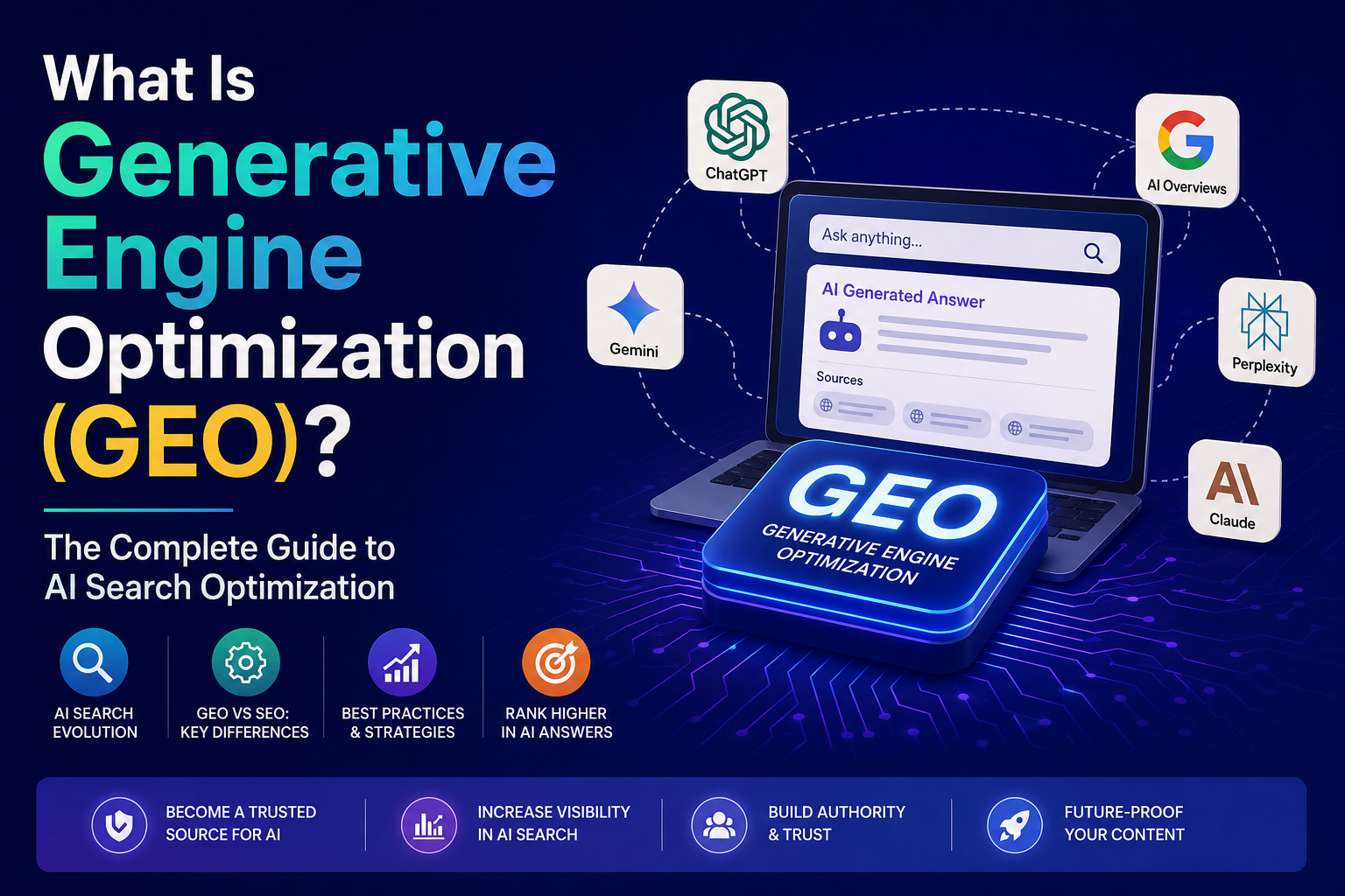 Generative Engine Optimization (GEO) infographic illustrating AI search optimization across ChatGPT, Google AI Overviews, Gemini, Claude, and Perplexity.