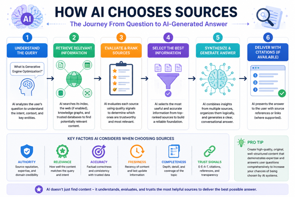 Flowchart illustrating how AI systems retrieve, evaluate, and generate answers.