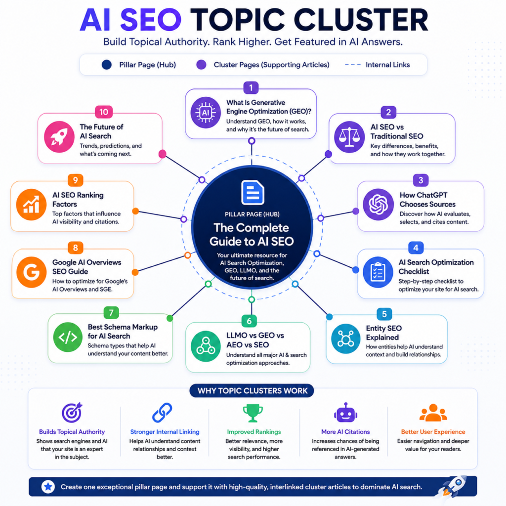 AI SEO topic cluster with pillar page and supporting articles.