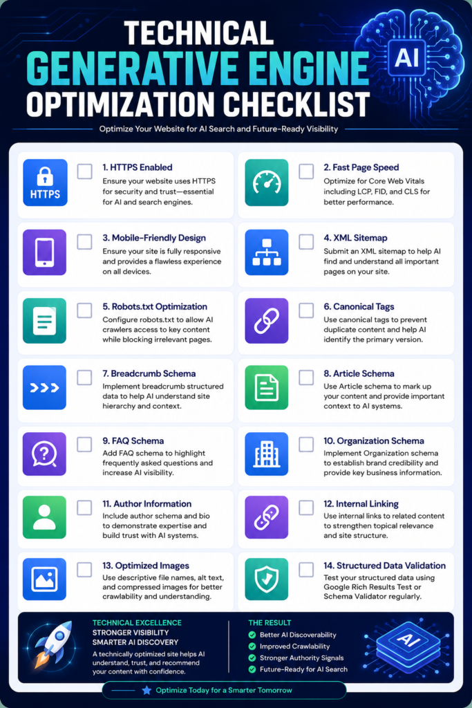 Technical Generative Engine Optimization checklist for AI search readiness.