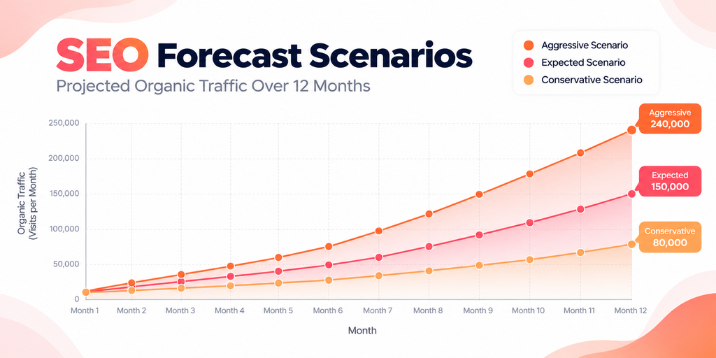 SEO forecasting chart showing conservative, expected and aggressive organic traffic projections over twelve months